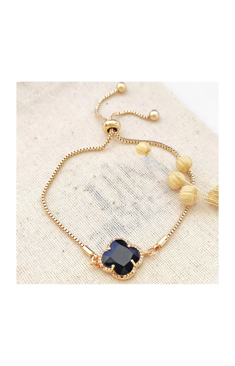 Bracelet trèfle - Laiton plaqué or & pierres de Ceylan