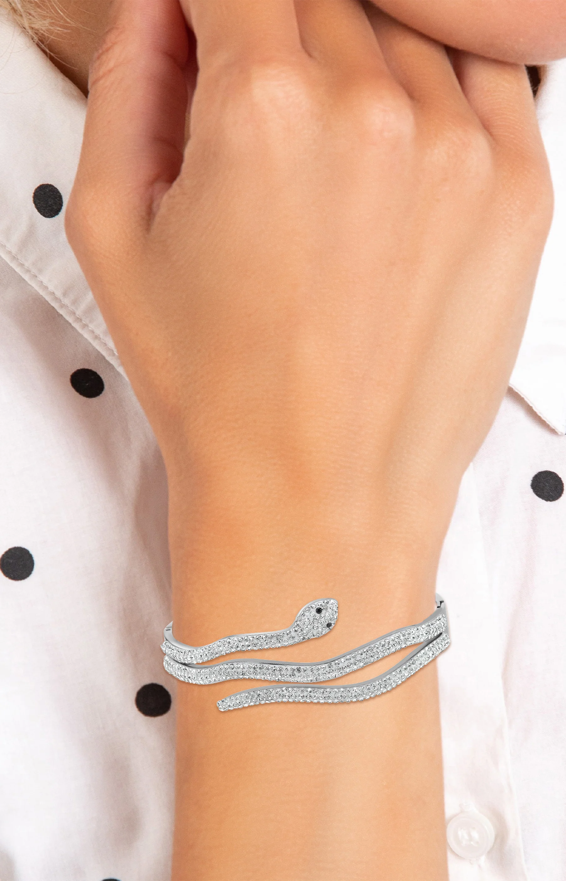 Bracelet serpent - Acier inoxydable, cristaux & 2 diamants noirs - Argenté - Image 2