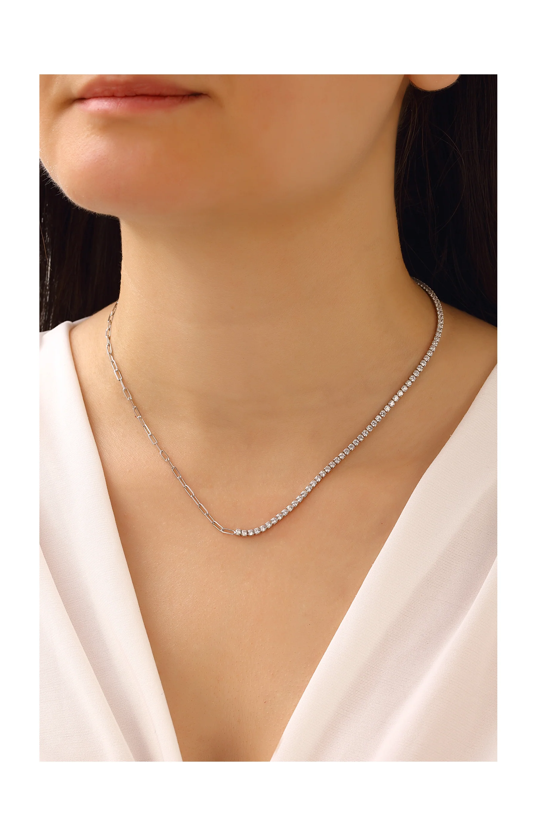 Collier argenté – Argent 925 & zircons – 45 cm