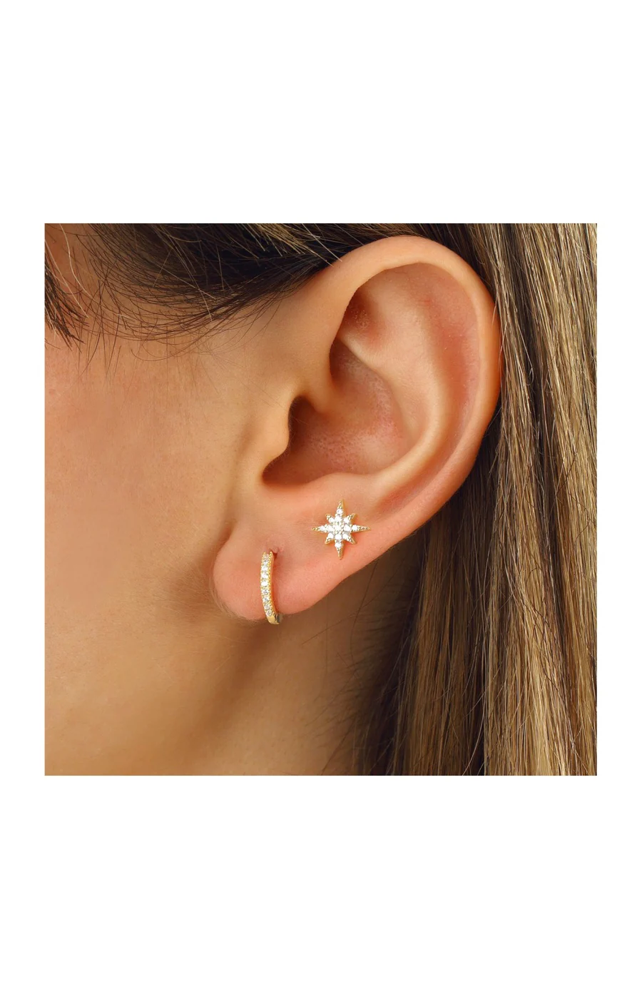 Duo de boucles d'oreilles étoiles - Argent 925/000 plaqué or & zircons