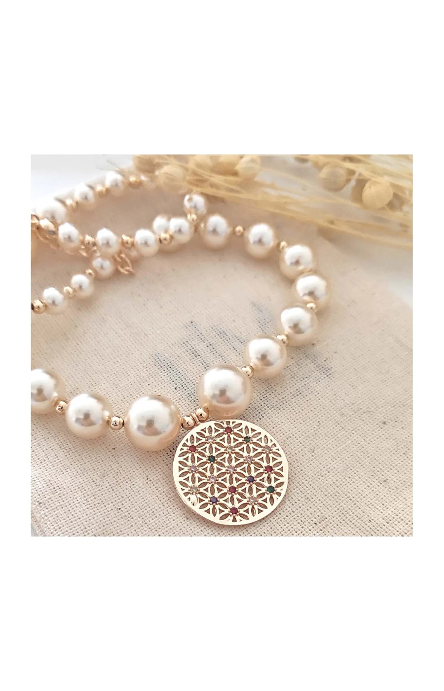 Collier de perles - Laiton plaqué or & zircons - Image 2