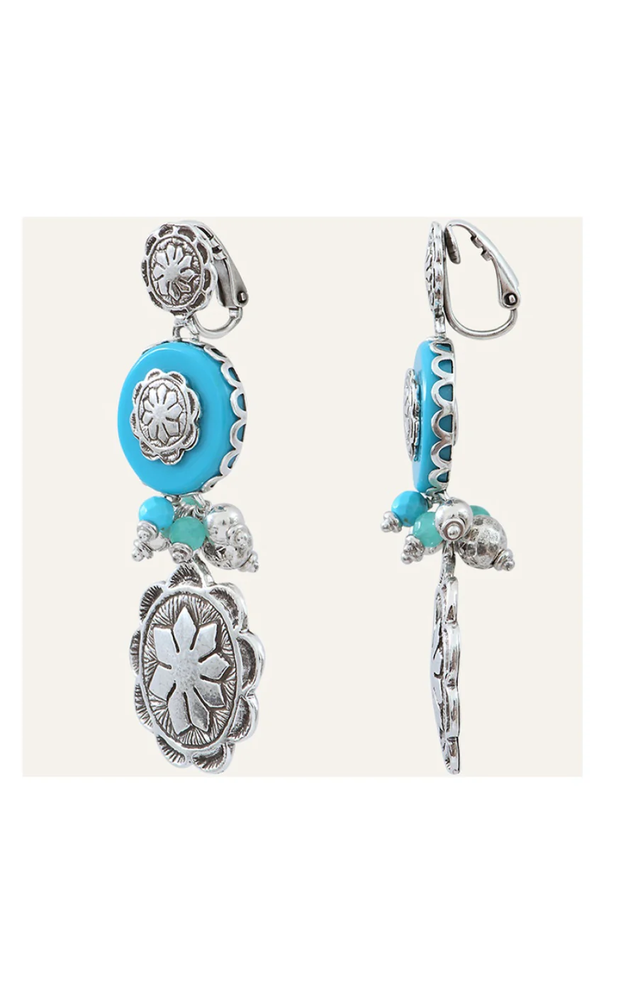 Boucles d'oreilles Amazones - Métal argenté & turquoise - Image 2