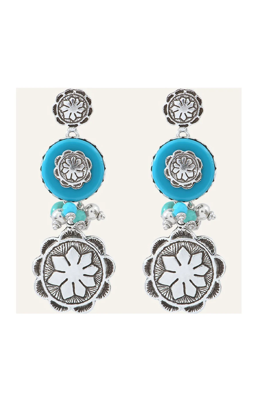 Boucles d'oreilles Amazones - Métal argenté & turquoise - Image 3