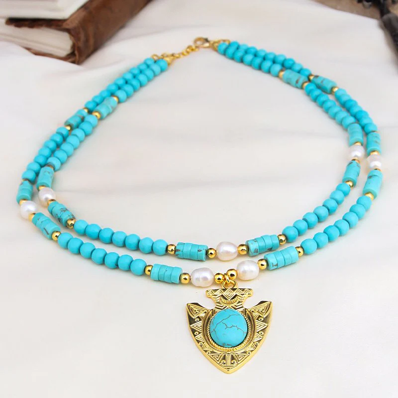 Collier - Laiton plaqué or & turquoise - Image 2