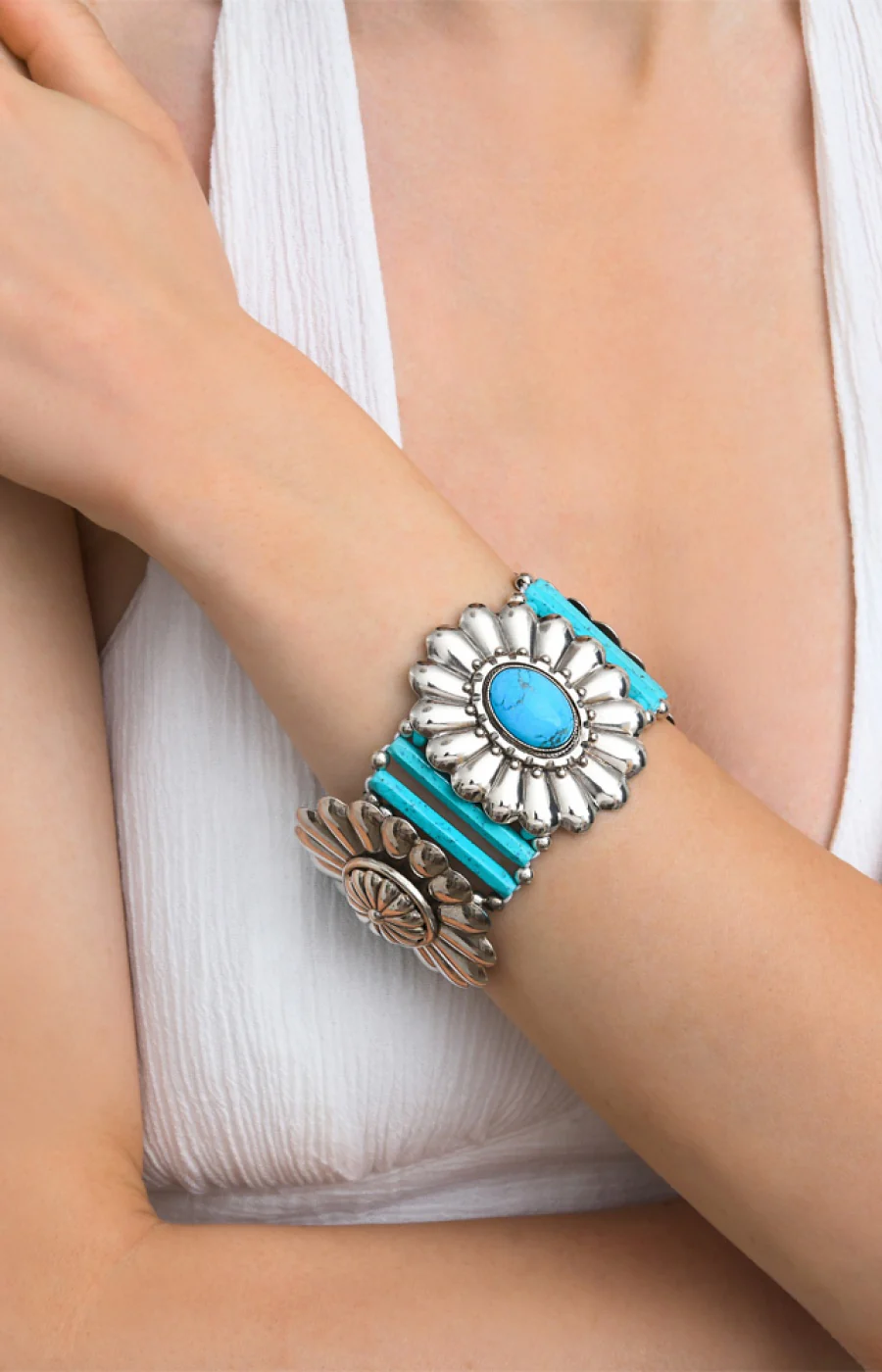 Bracelet Bangle - Métal argenté, turquoise & perles fantaisie - Image 2